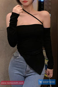Long Sleeve Sling Halter Off Shoulder Cropped Shirts
