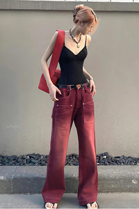 High Waist Retro Washed Red Denim Jeans Pants