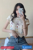 O-Neck Flower Embroidered Knitted Cropped Slim Shirt