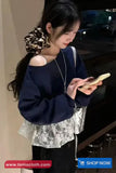 Lace Splicing Off Shoulder O-Neck Sweater