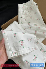 High Waist Flowers Pattern White Jeans Pants