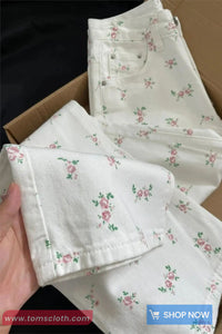 High Waist Flowers Pattern White Jeans Pants