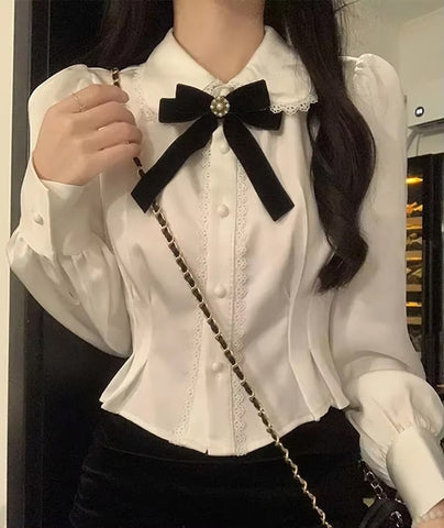 Long Sleeve Cute Bow Lace Blouse Shirt