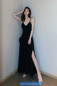 Sexy V-Neck Backless Retro Long Black Dress