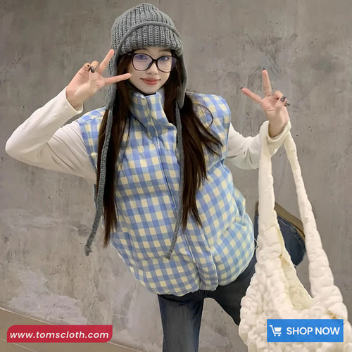 Loose Stand Collar Sleeveless Blue Plaid Vest Parkas Jacket