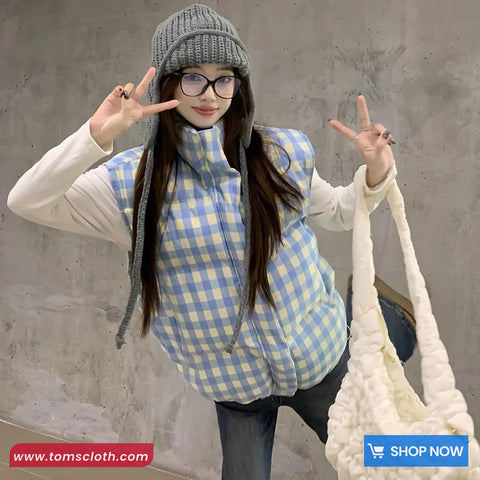 Loose Stand Collar Sleeveless Blue Plaid Vest Parkas Jacket