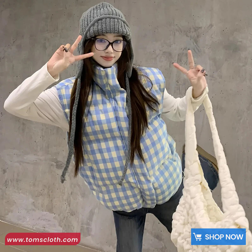 Loose Stand Collar Sleeveless Blue Plaid Vest Parkas Jacket