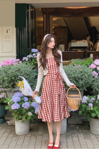 Sweet Red Plaid Elegant Midi Dress