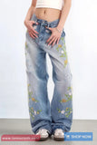 Retro Flowers Embroidered Women Jeans Pants