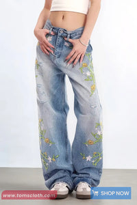 Retro Flowers Embroidered Women Jeans Pants