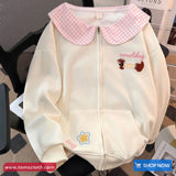 Long Sleeve Cute Plaid Peter Pan Collar Zipper Sweatshirt