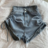 High Waist Side Wrinkled Denim Shorts