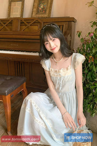 Long Retro Elegant Sweet Lace Patchwork Blue Dress