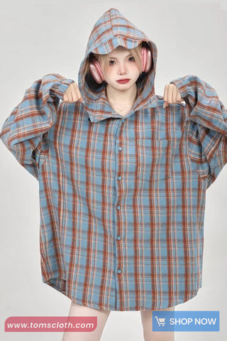 Long Sleeve Loose Plaid Pattern Hooded Shirt