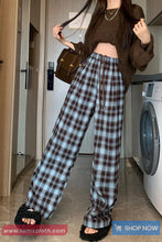 High Waist Loose Vintage Blue Plaid Pants