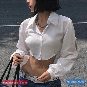 Sexy Puff Sleeve Hollow Out Cropped Blouse Shirt
