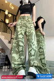 High Waist Stars Pattern Green Jeans Pants