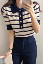 Short Sleeve Turn Down Collar Knitted Striped Shirt