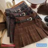 High Waist Retro Belted Plaid Pleated Mini Skirts