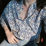 Long Sleeve Cute Blue Floral Blouse Shirt