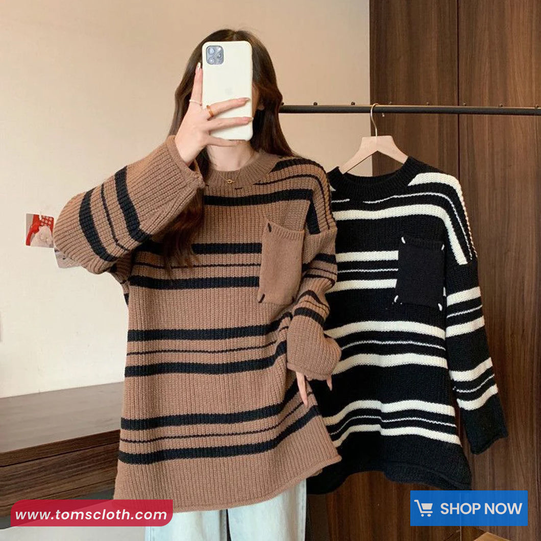 Loose Pocket Striped Knitted Retro Sweater
