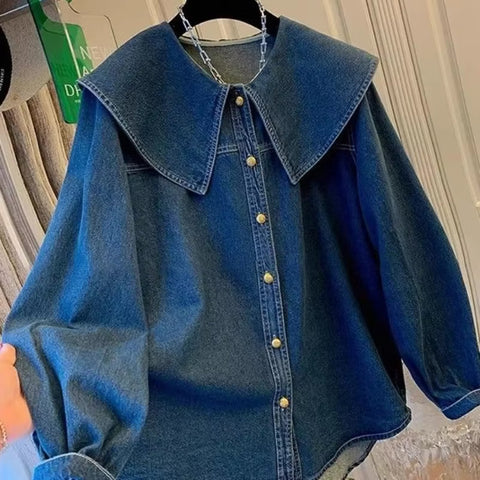Long Sleeve Peter Pan Collar Denim Blouse Shirt