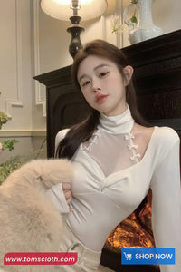 Long Sleeve High Neck Hollow Out Cropped Shirt