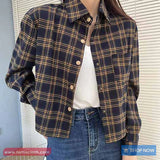 Long Sleeve Retro Plaid Color Cropped Blouse Shirts