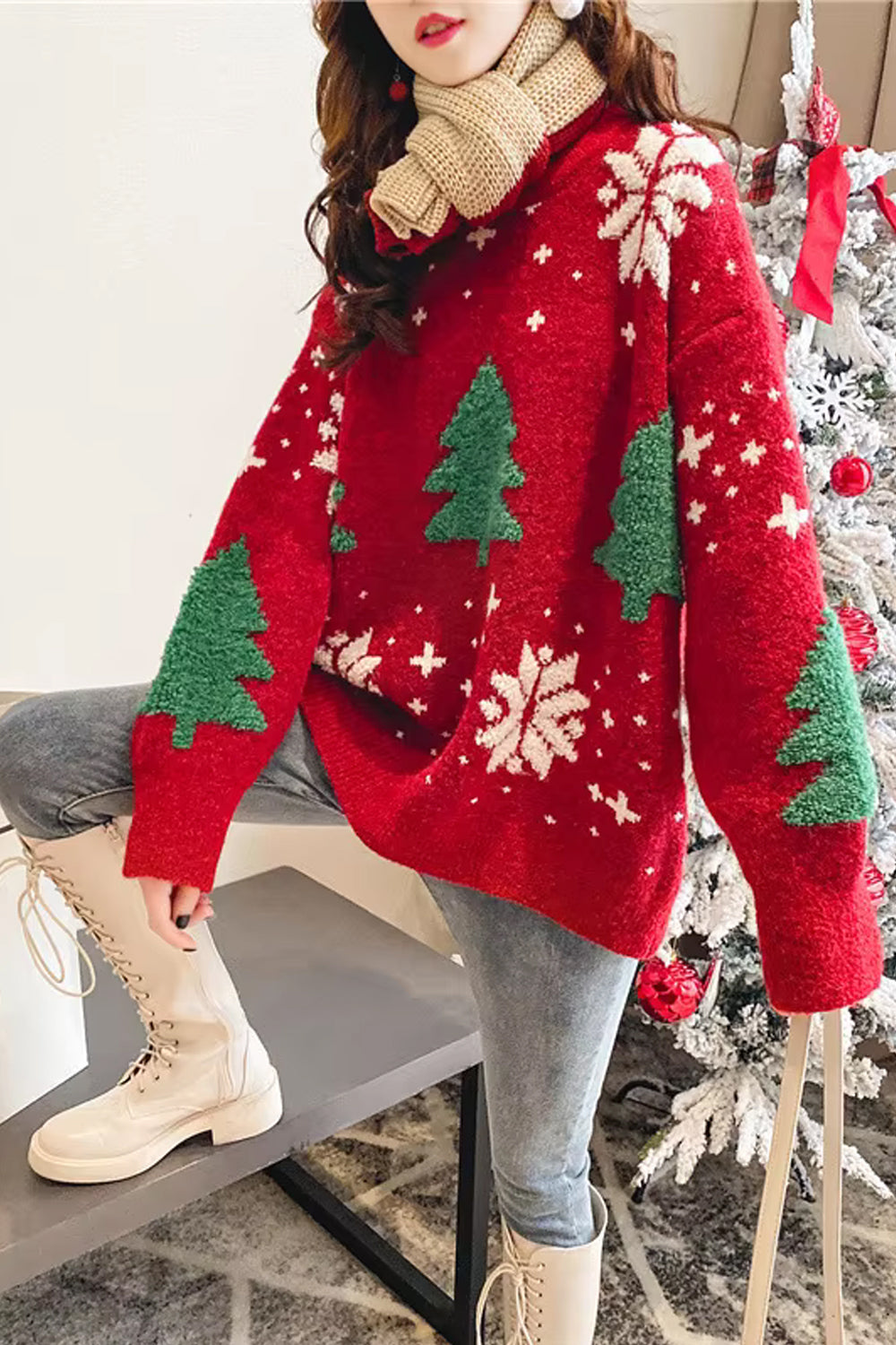 Loose O-Neck Retro Christmas Pattern Sweater