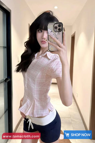 Short Sleeve Retro Pink Plaid Cropped Blouse Shirt