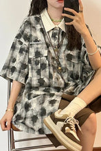 Short Sleeve Turn Down Collar Tie Dye Plaid Blouse Shirt