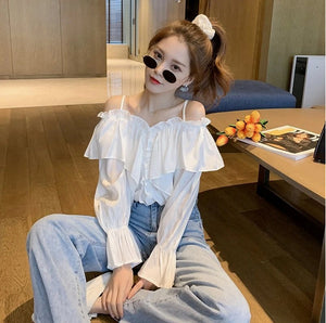 Long Sleeve Sexy Slash Neck Ruffles Slim Shirts