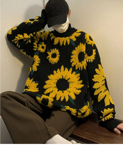 Loose O-Neck Sunflower Pattern Warm Sweater