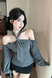 Long Sleeve Sexy Halter Off Shoulder Striped Blouse Shirts