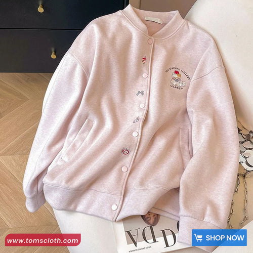 Long Sleeve Cute Light Pink Embroidered Baseball Jacket