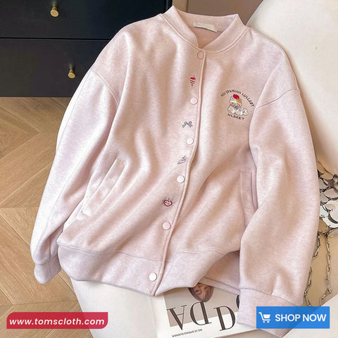 Long Sleeve Cute Light Pink Embroidered Baseball Jacket