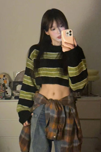 Loose Green Striped Cropped Sweater