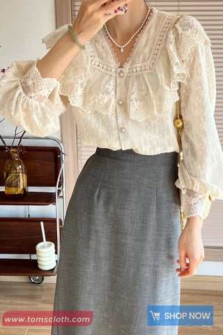 Long Sleeve Retro Elegant Lace Flounce Blouse Shirt