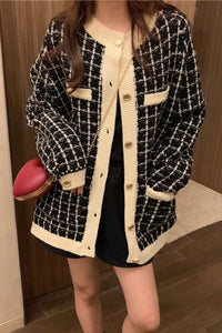 Long Sleeve Retro Plaid Knitted Cardigan Sweater