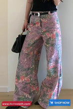 High Waist Full Flowers Patten Pink Denim Pants