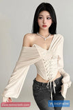 Long Sleeve Slash Neck Sexy Bandage Cropped Shirt
