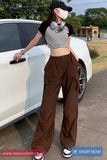 Retro Drawstring Waist Brown Cargo Pants