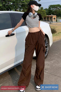 Retro Drawstring Waist Brown Cargo Pants
