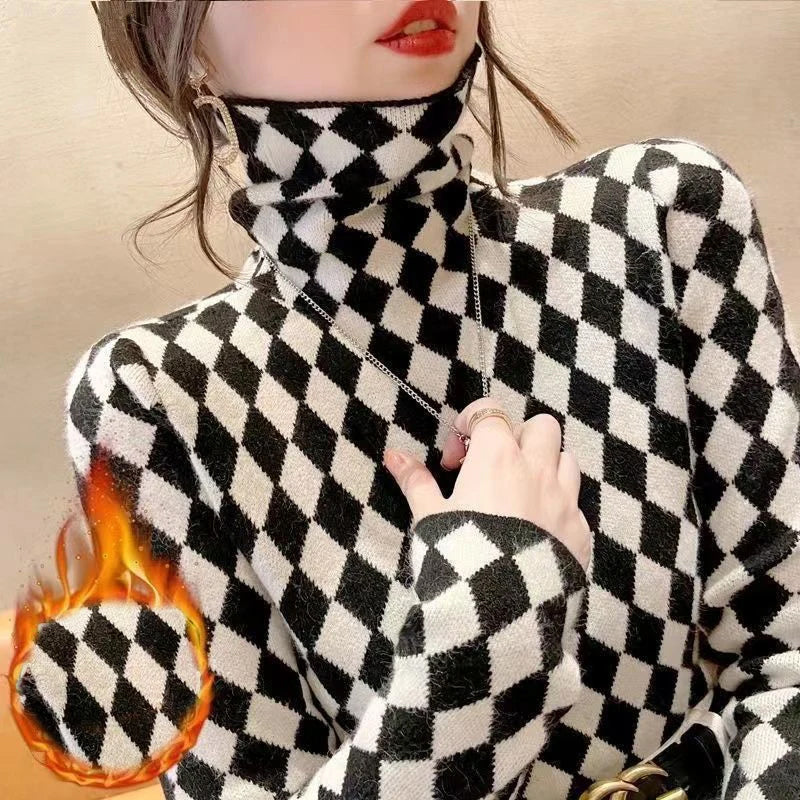 Long Sleeve Full Diamond Pattern Warm Turtleneck Shirt