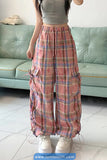 Casual Pink Plaid Pattern Cargo Jogger Pants
