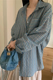 Long Sleeve Loose Classic Blue Plaid Blouse Shirts