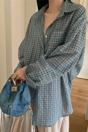 Long Sleeve Loose Classic Blue Plaid Blouse Shirts