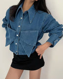 Long Sleeve Butterfly Pocket Denim Blouse Shirts