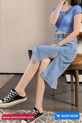 High Waist Cut Side Slit Denim Skirts