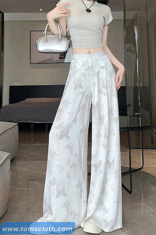 Loose Butterfly Pattern Satin Long Pants
